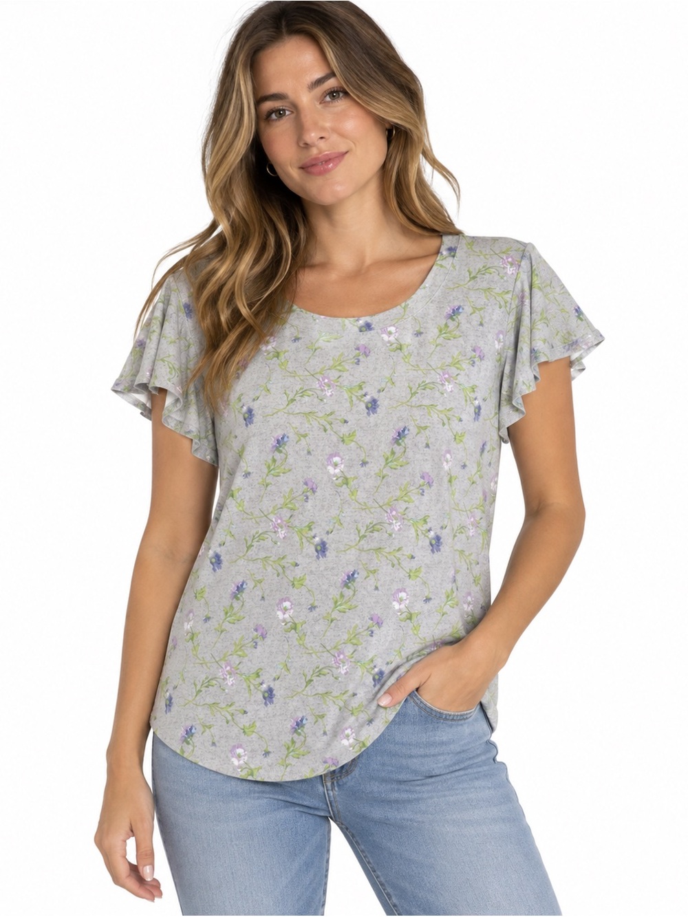 Isaac Mizrahi Live Gray Floral Flutter Sleeve Top Size M